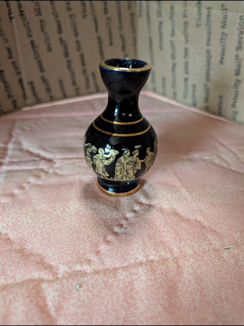 Hand-Painted Black and 24 Kt Gold Decorative Vase - Classic Mythic Figures